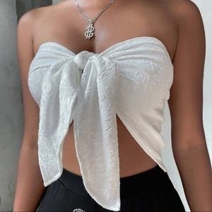 White Tie Front Strapless Tube Top Crop Top